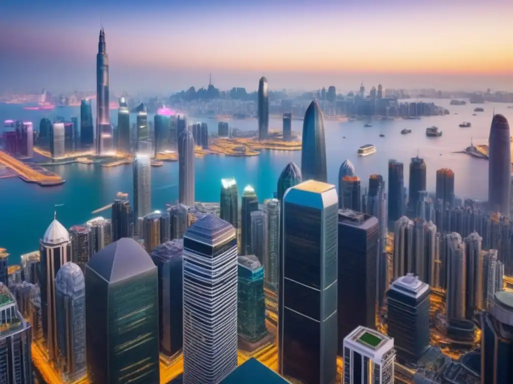Mercado inmobiliario global: inversores negociando en ciudades icónicas Una escena vibrante de mercado inmobiliario global, con rascacielos de Nueva York, Hong Kong, Londres y Dubái