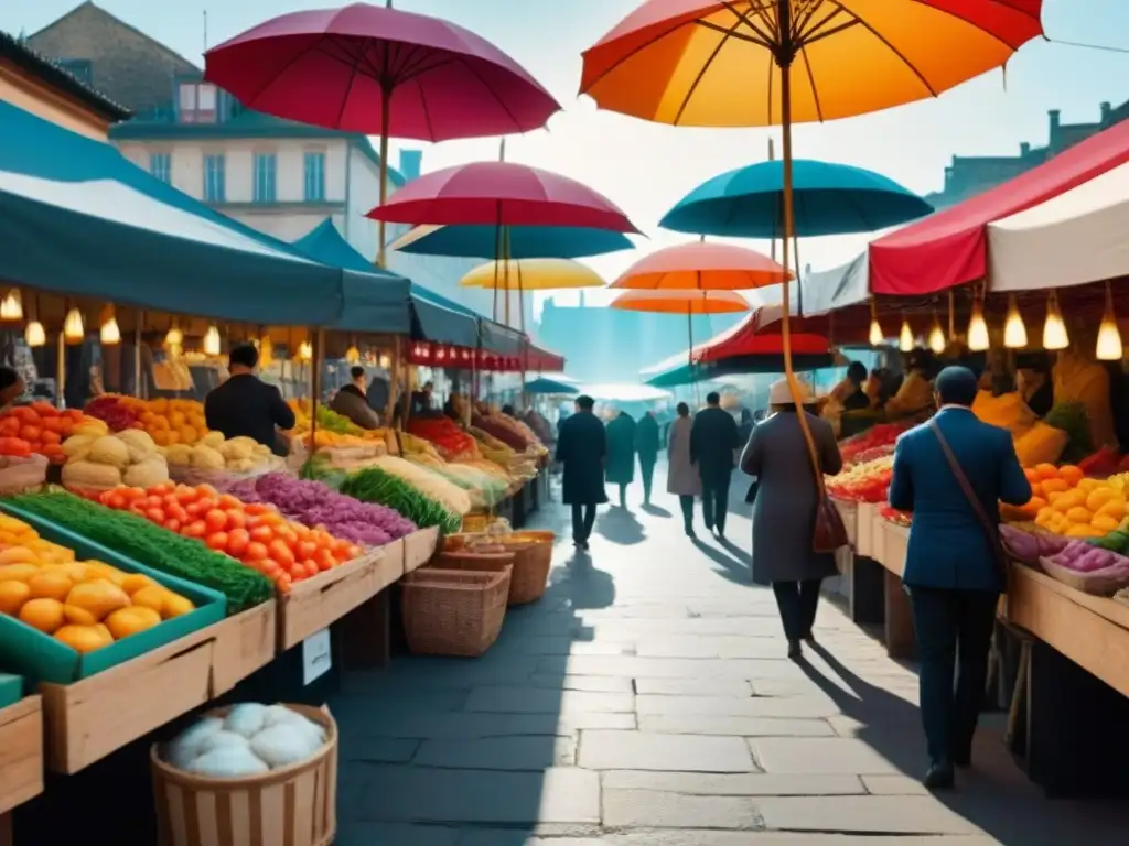 Mercado local vibrante postCOVID: diversidad, color y tradición Escena vibrante de mercado local postCOVID con vendedores y clientes diversos bajo sombrillas coloridas