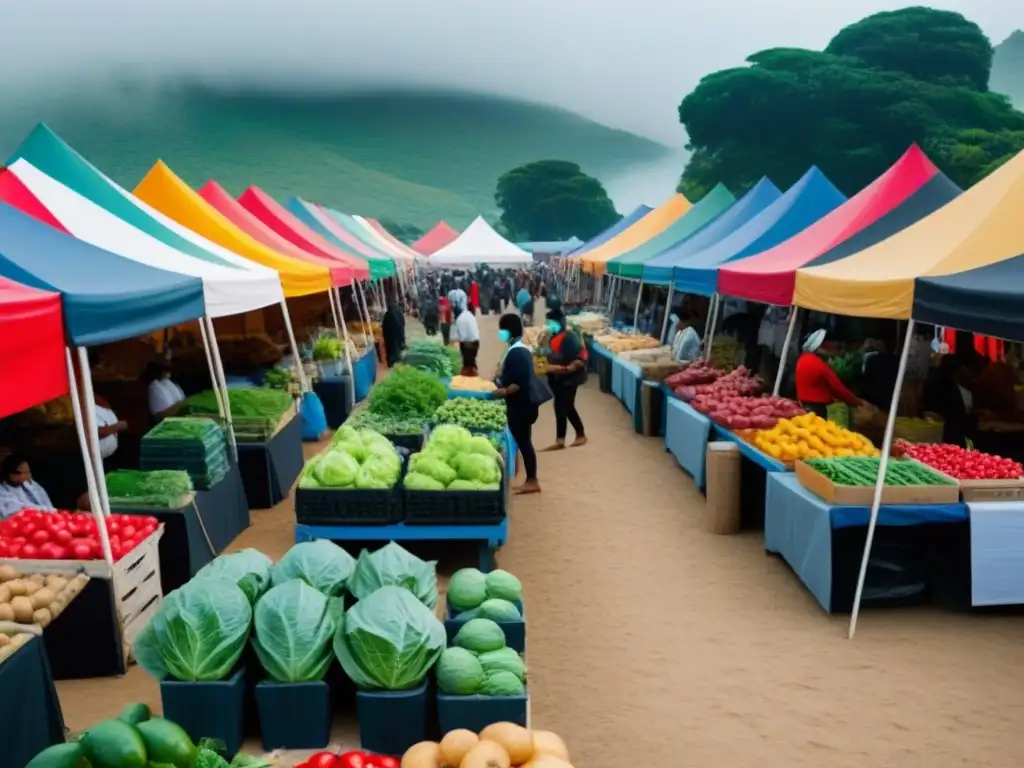 Mercado local postCOVID: resiliencia y color en la nueva normalidad Escena vibrante de mercado local postCOVID, lleno de coloridos puestos y clientes con mascarillas, simbolizando la adaptación del mercado inmobiliario internacional postCOVID