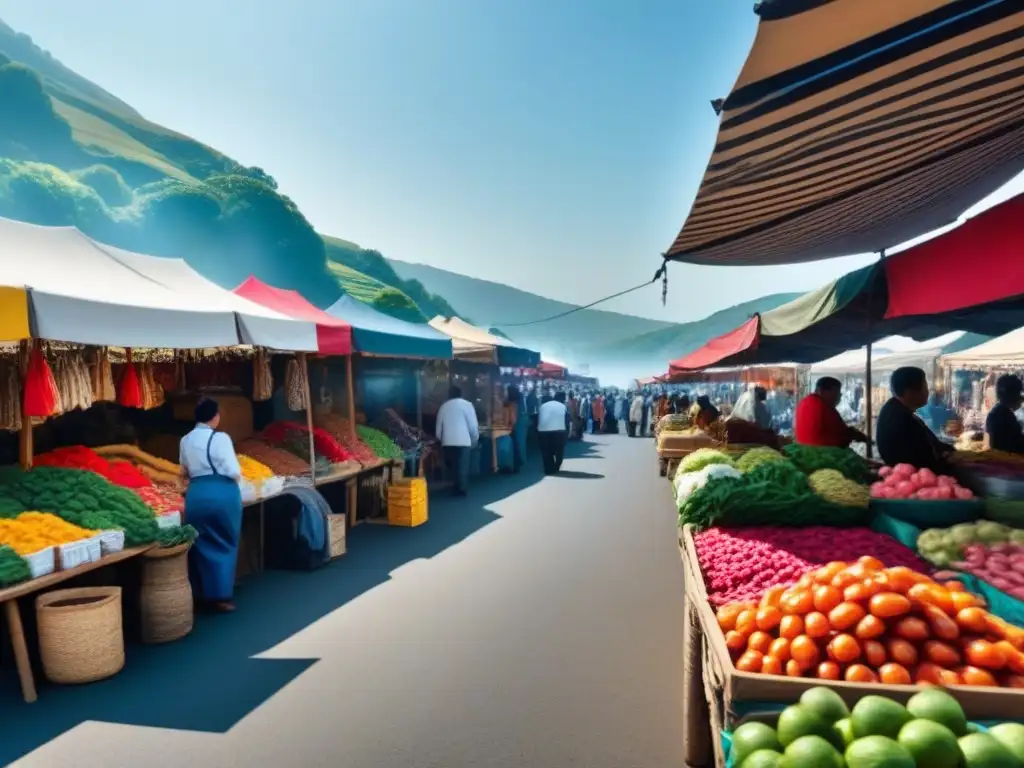 Mercado rural vibrante: escena detallada llena de color y vida Escena vibrante de mercado rural con puestos de productos frescos, textiles coloridos y artesanías, bajo awnings tejidos