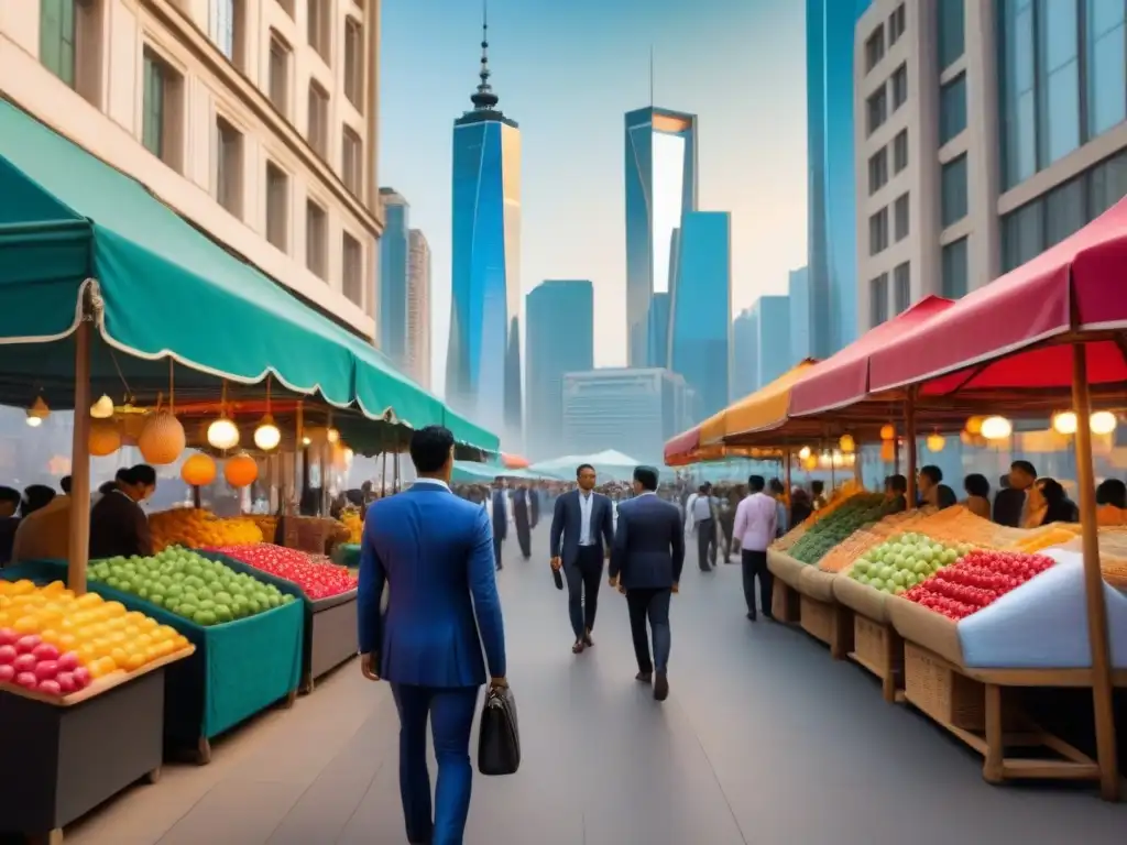 Inversiones inmobiliarias en mercado emergente: tradición y modernidad Una escena vibrante de una metrópolis emergente, fusionando la tradición de mercados con rascacielos modernos
