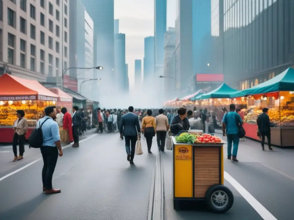 Vida urbana: diversidad económica en la ciudad global Escena vibrante de microeconomías en ciudades globales, con diversidad de actividades urbanas