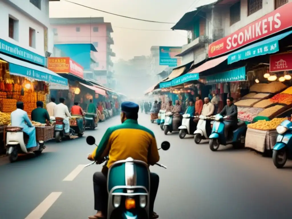 Mercado hindú colorido y bullicioso: tradición y modernidad en la India Escena vibrante en micromercado indio, mostrando variedad de tiendas coloridas y locales en actividad