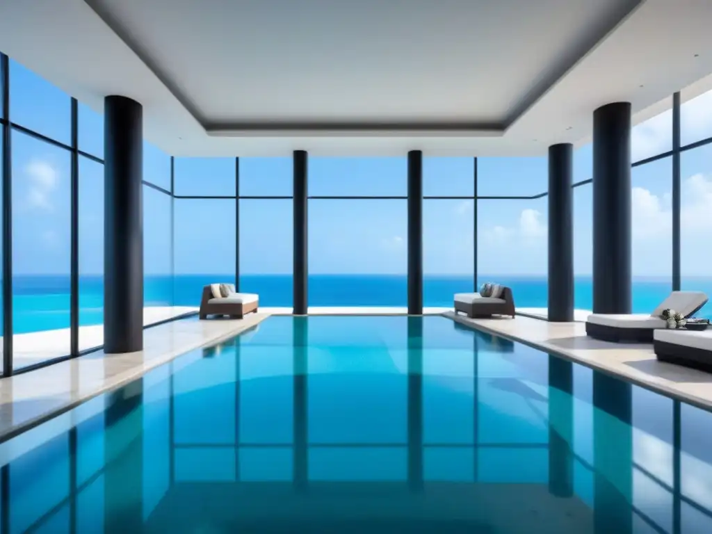 Exclusivo lobby de resort de lujo con vista a piscina infinita sobre el mar Un escenario exclusivo y tecnológico en resorts de lujo con modernos toques minimalistas