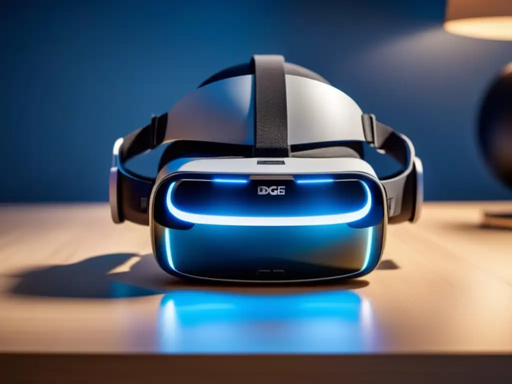 Realidad Virtual: Tecnología Futurista en Escritorio Minimalista Un escenario futurista con un auricular de realidad virtual brillando en azul, rodeado de gadgets de alta tecnología