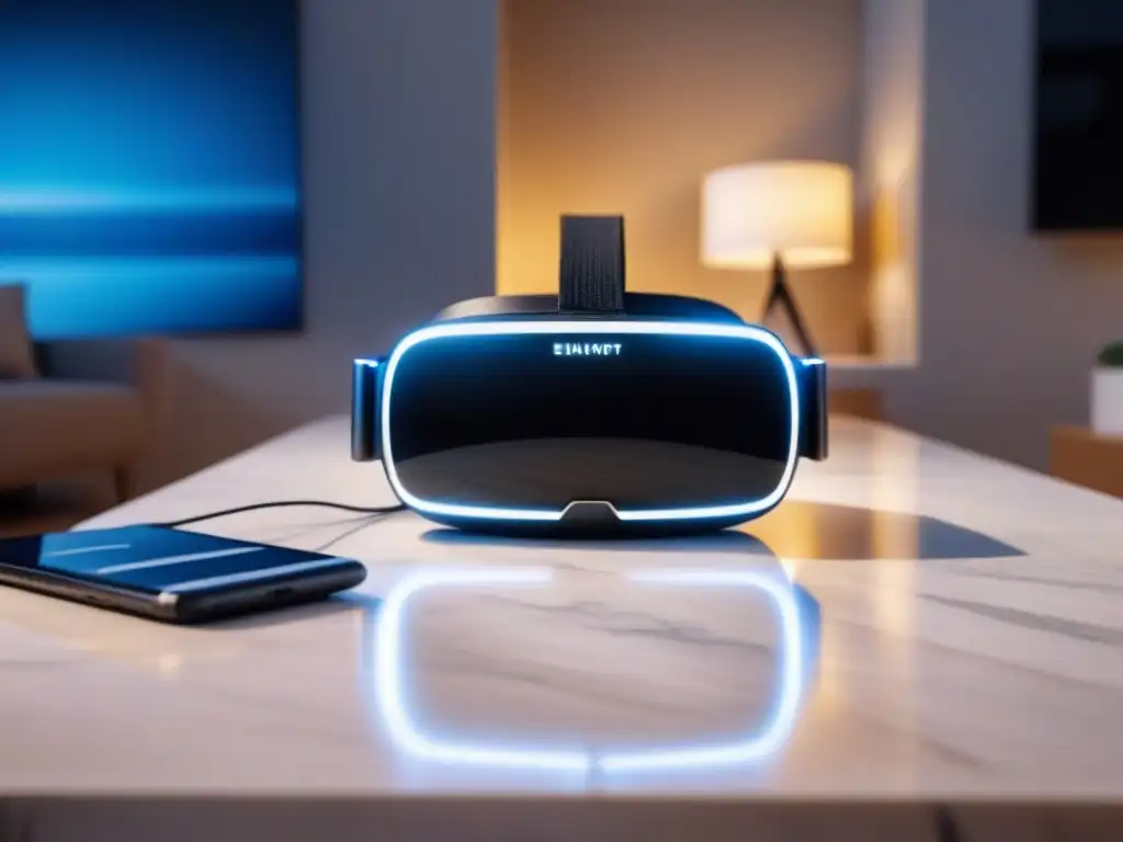 Realidad virtual futurista para inspecciones inmobiliarias en M&A Un escenario futurista con auriculares de Realidad Virtual en una mesa de mármol, rodeados de tecnología de vanguardia y planos arquitectónicos