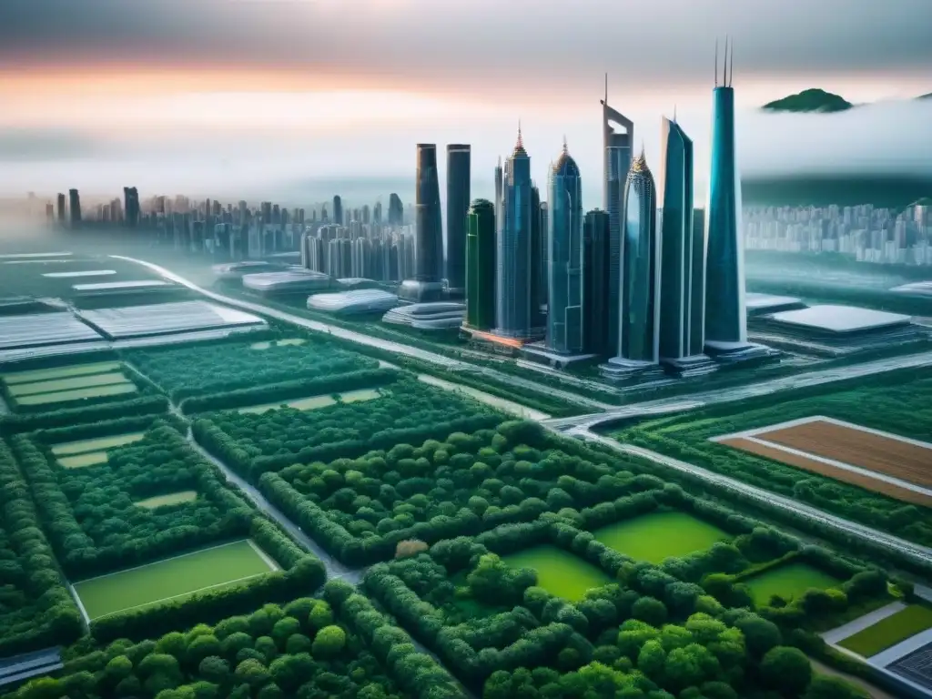 Metrópolis futurista en mercado emergente: rascacielos y naturaleza Un escenario futurista en mercados emergentes, fusiones inmobiliarias, rascacielos, naturaleza y diseño arquitectónico innovador