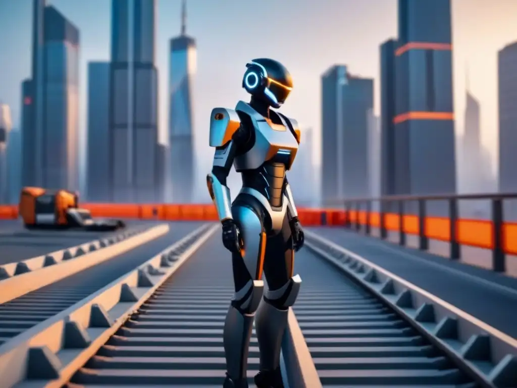 Construcción futurista: robots y drones construyen un rascacielos moderno en una ciudad bulliciosa Un escenario futurista donde robots y drones construyen un rascacielos moderno en una ciudad bulliciosa