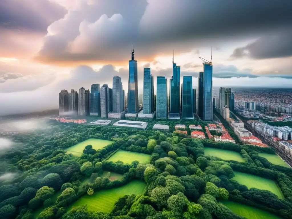 Metrópolis global: rascacielos, historia y naturaleza en un cielo dramático Un escenario impactante de una ciudad global diversa, con rascacielos modernos, edificios históricos y espacios verdes, bajo un cielo dramático
