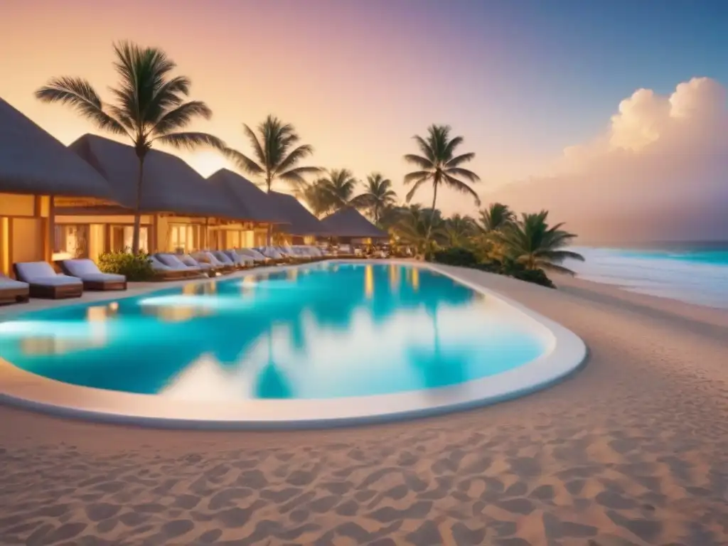 Exclusivo resort de lujo en la playa al atardecer: diversidad y relax Un escenario lujoso y diverso de marketing propiedades tiempo compartido internacional en una playa al atardecer