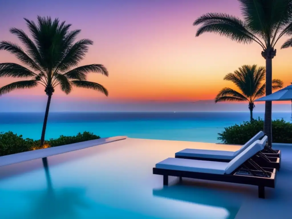 Piscina infinita de lujo en paradisíaca playa Un escenario perfecto de destinos turismo de élite: piscina infinita, playa de arena blanca y palmeras, aguas turquesas y atardecer anaranjado