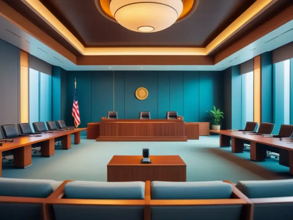 Corte futurista y tradicional en el extranjero Un escenario de sala de tribunal moderna en el extranjero con un diseño innovador y elementos tradicionales