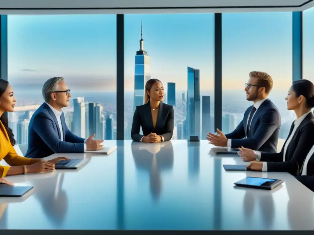 Inversores globales unidos en moderna oficina con vista panorámica Un escenario sofisticado de inversores diversos en una reunión futurista