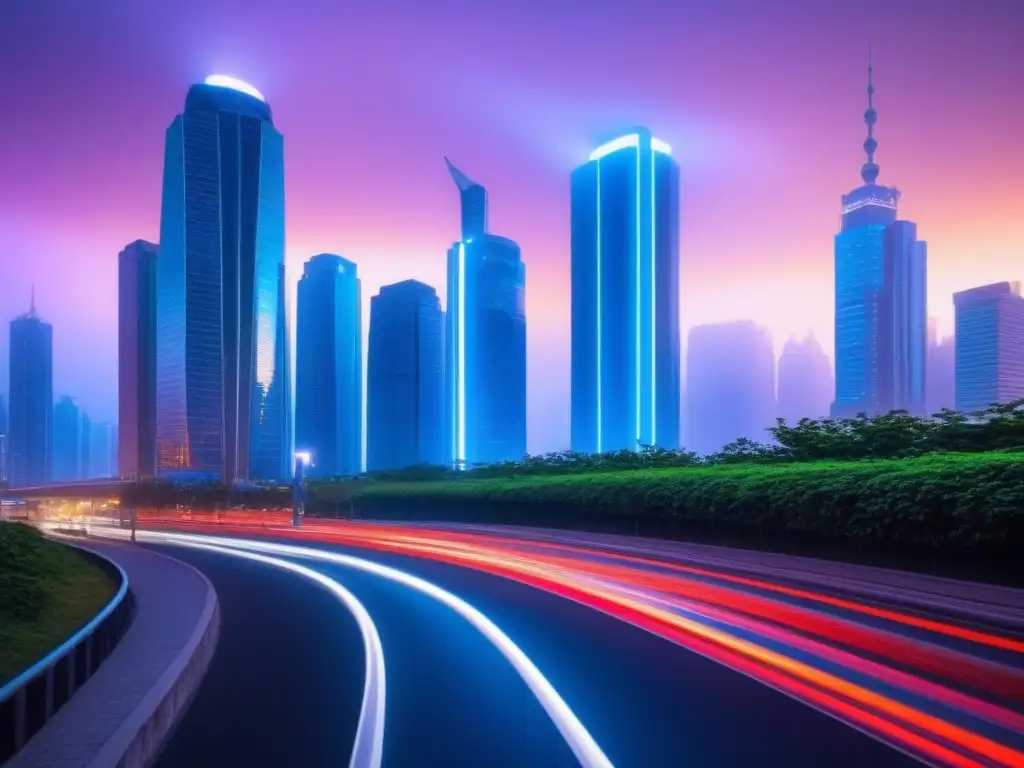 Metrópolis futurista: luces neón y tecnología avanzada al atardecer Un escenario urbano futurista al anochecer con rascacielos elegantes, luces de neón brillantes y calles bulliciosas llenas de autos inteligentes y peatones, mostrando una fusión de tecnología avanzada y desarrollo urbano en una metrópolis moderna con inteligencia artificial en mercado in