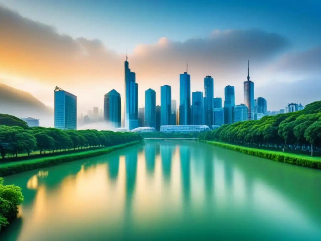 Horizonte urbano moderno: ciudad de cristal y naturaleza Un escenario urbano moderno con rascacielos de cristal, un parque verde y un río, resaltando la Importancia ubicación propiedad seguro