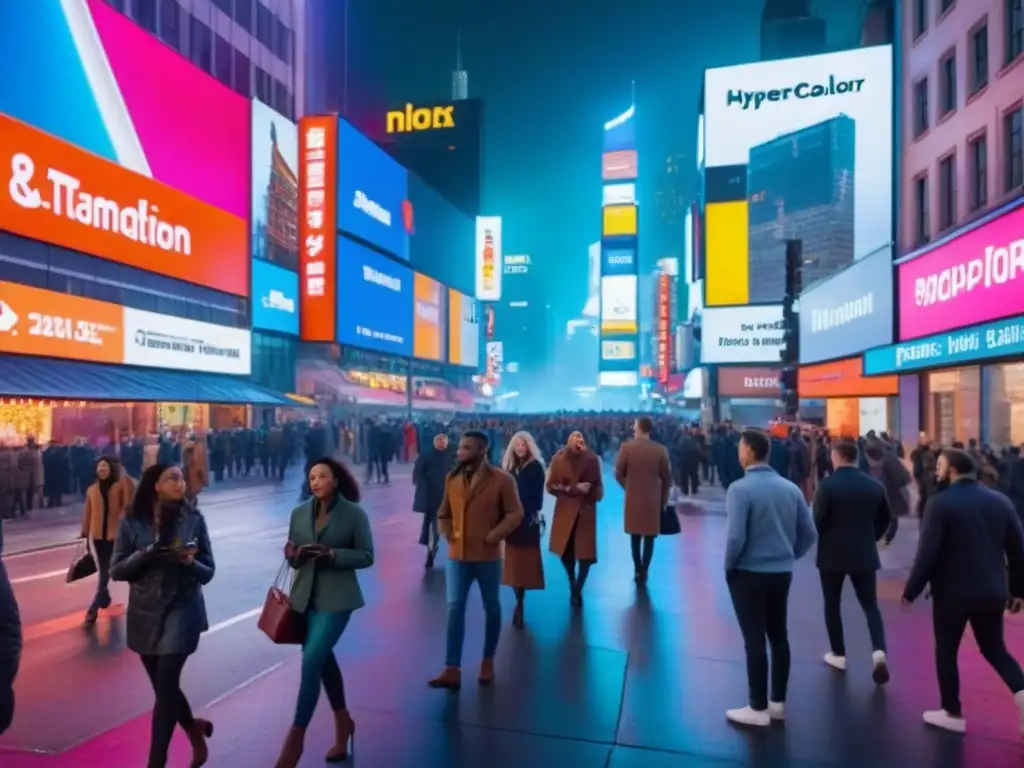 Neón y bullicio: impacto del marketing urbano Un escenario urbano vibrante y moderno con letreros luminosos promocionando negocios, reflejando la energía del Marketing para tiempo compartido internacional