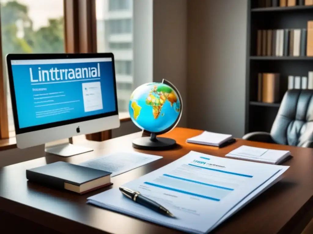 Oficina moderna con documentos legales y propiedad internacional Un escritorio moderno con documentos legales internacionales, bañado en luz natural
