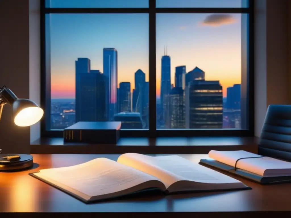 Escritorio moderno con documentos legales y libro 'Aspectos Legales en Inversiones Inmobiliarias', iluminado por lámpara y vista urbana al atardecer