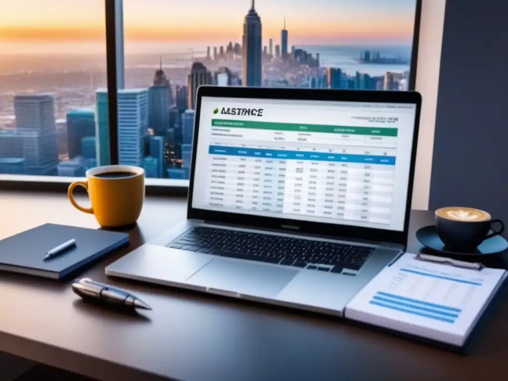 Escritorio elegante con análisis inmobiliario y llaves - Éxito en inversión Un escritorio moderno con laptop y análisis inmobiliario, llaves y café, con vista a la ciudad
