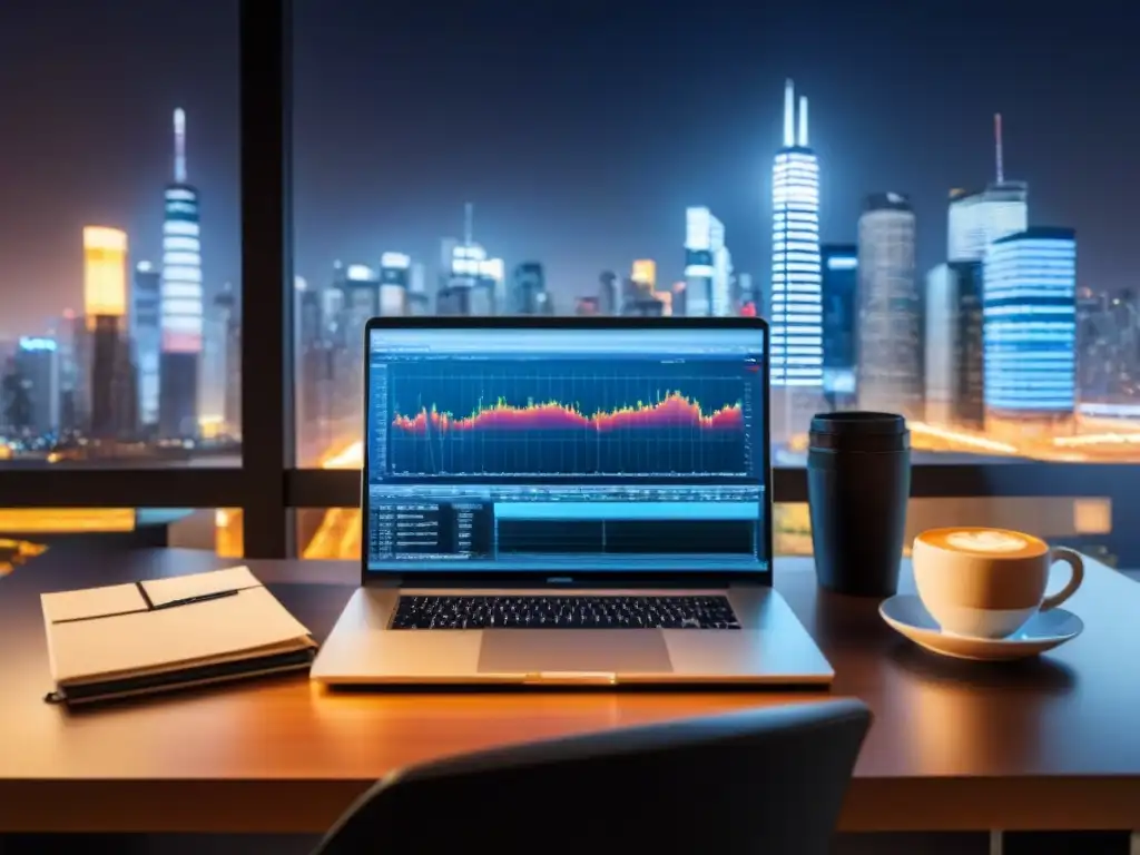 Escritorio ejecutivo con gráfico financiero y vista de ciudad Escritorio moderno con laptop, gráfico financiero, café y vista urbana, evocando derechos de propiedad en inversiones