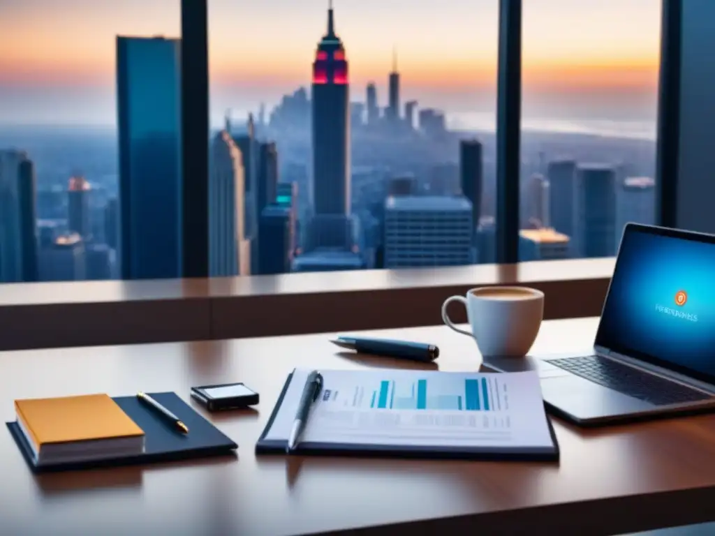 Oficina moderna con plataforma PropTech y consejos legales Escritorio moderno con plataforma PropTech, documentos legales y café, en una ciudad bulliciosa