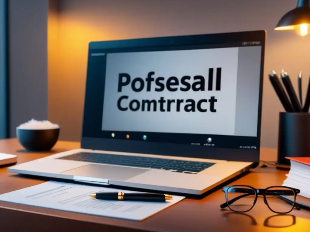 Oficina moderna con contrato de reventa de tiempo compartido Escritorio moderno con documentación reventa tiempo compartido guía, contrato y lentes, iluminado por lámpara de escritorio