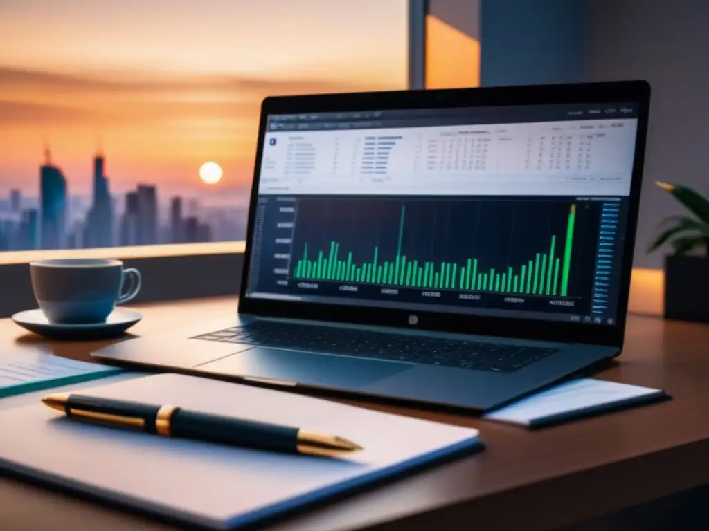 Oficina moderna con criptomonedas: inversión inmobiliaria Escritorio de oficina moderno con datos de criptomonedas y cartera digital, vista de ciudad al atardecer