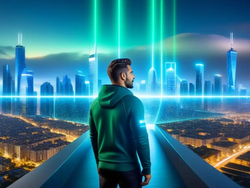 Interfaz de seguridad digital futurista protegiendo inversiones inmobiliarias en línea Escudo digital protegiendo inversiones inmobiliarias en ciudad futurista