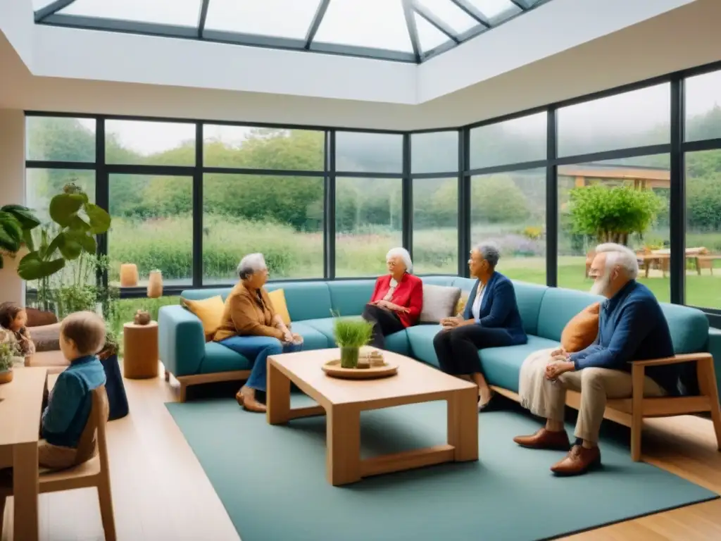 Comunidad de cohousing: diversidad y calidez en convivencia Un espacio comunitario en un moderno cohousing, con personas de diferentes edades y fondos sonriendo y compartiendo