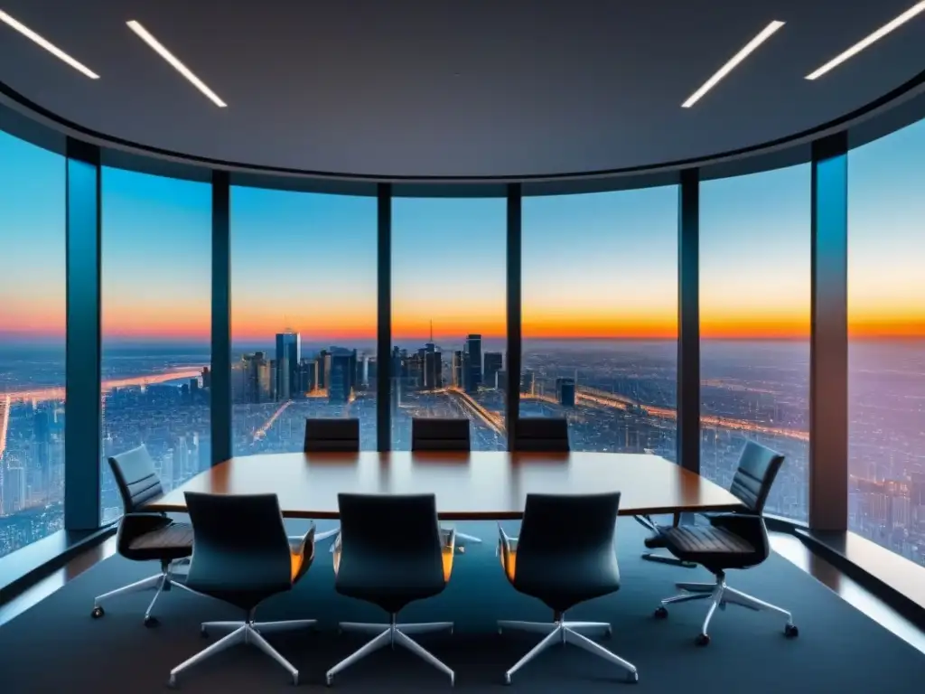 Sala de conferencias futurista con vista a la ciudad y tecnología avanzada Espacio de conferencias futurista en rascacielos con tecnología avanzada y gráficos de inversión inmobiliaria
