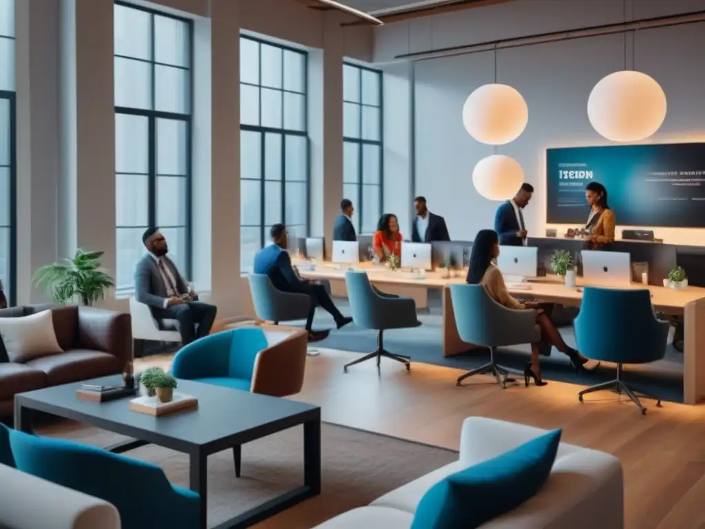 Espacio de coworking dinámico y diverso: networking en acción Un espacio de coworking animado y diverso, donde profesionales colaboran y se conectan, disfrutando de los beneficios del networking