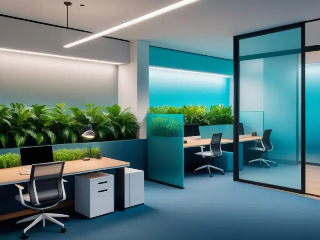 Espacio coworking futurista postCOVID-19: diseño ultradetallado 8k Un espacio de coworking postpandemia: diseño futurista, tecnología avanzada y ambiente seguro con toques de naturaleza