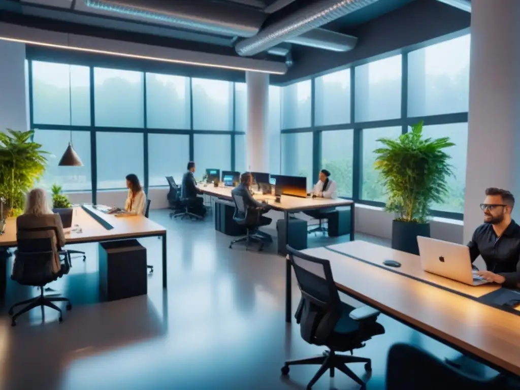 Espacio de coworking futurista: colaboración innovadora con luz natural Un espacio coworking futurista con innovadoras estaciones de trabajo y vegetación, generando un ambiente dinámico y acogedor