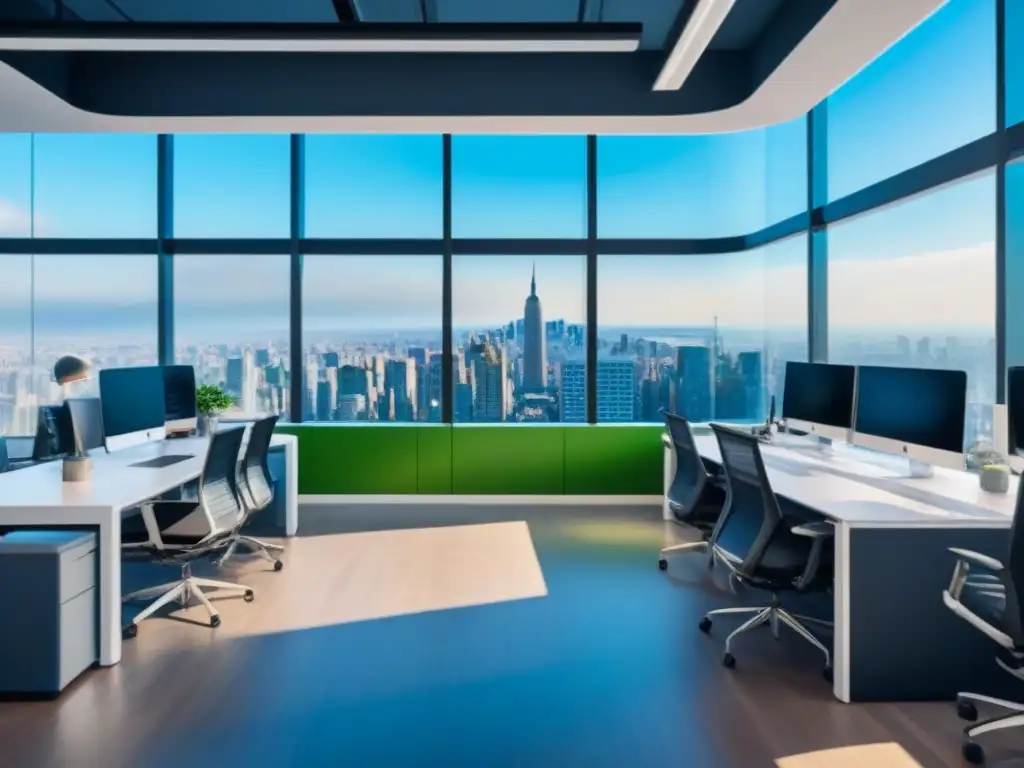 Espacio de Coworking Futurista: Colaboración Profesional en la Ciudad Un espacio de coworking futurista y profesional con tecnología de vanguardia y colaboradores diversos, frente a una ciudad activa