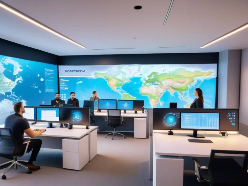 Espacio de coworking futurista y vibrante: inversión global en tecnología Un espacio de coworking futurista con profesionales colaborando en medio de tecnología, gráficos financieros y un mapa mundial