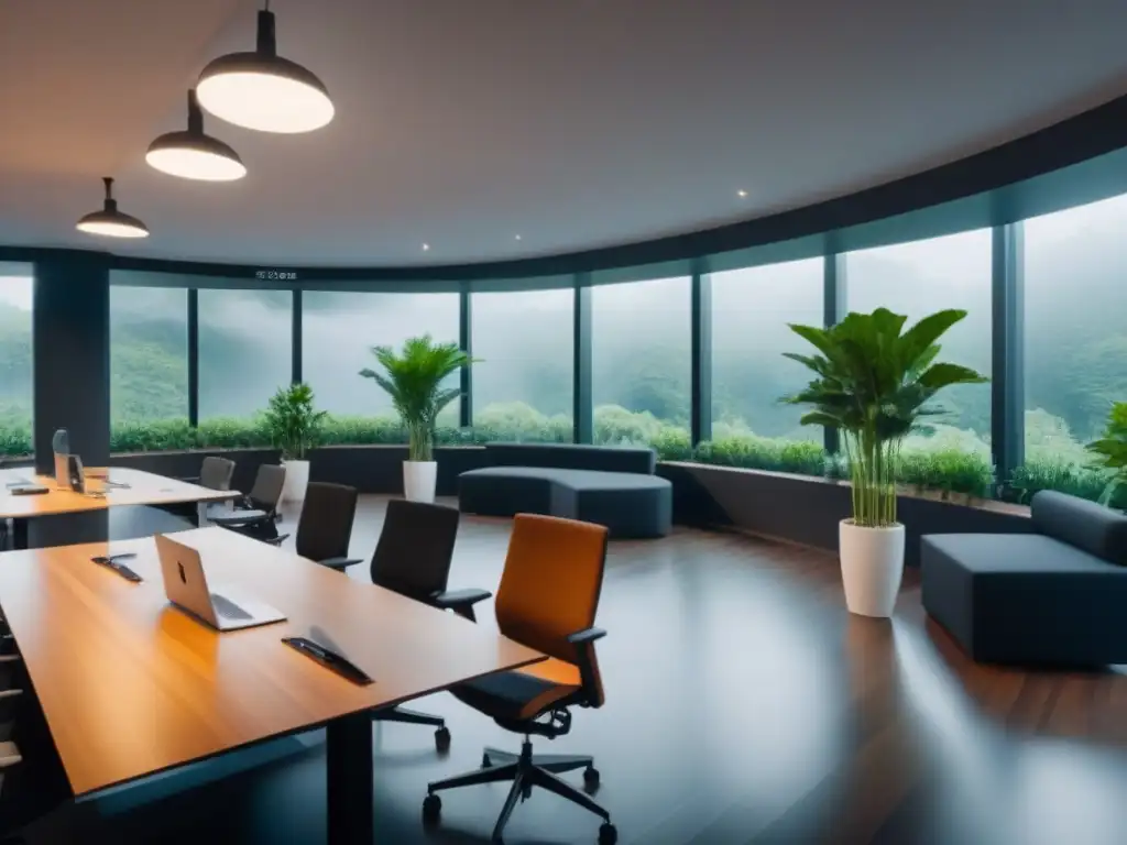 Innovador coworking postpandémico: espacios de colaboración futuristas Un espacio de coworking postpandemia, innovador y colaborativo, fusionando tecnología, naturaleza y diseño contemporáneo