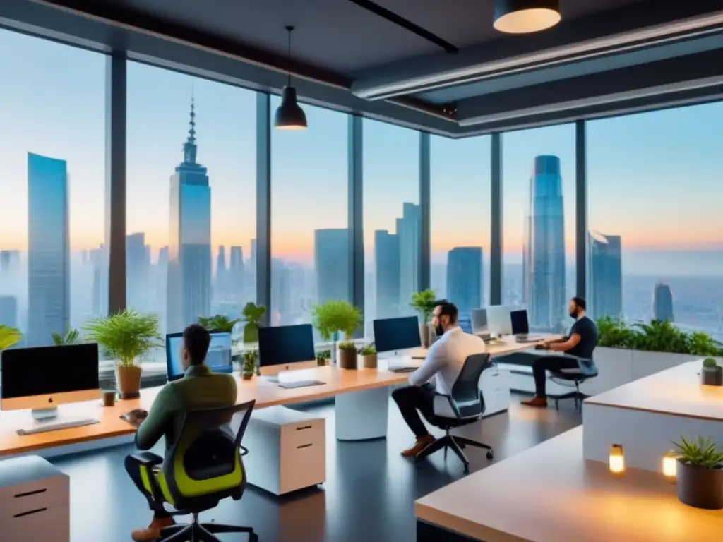 Coworking moderno y vibrante para nómadas digitales Un espacio coworking internacional lleno de nómadas digitales, trabajando en un ambiente inspirador con vistas a la ciudad