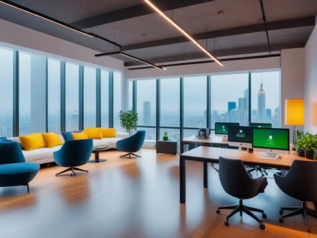 Espacio de coworking internacional rentable con profesionales colaborando en un ambiente moderno y vibrante
