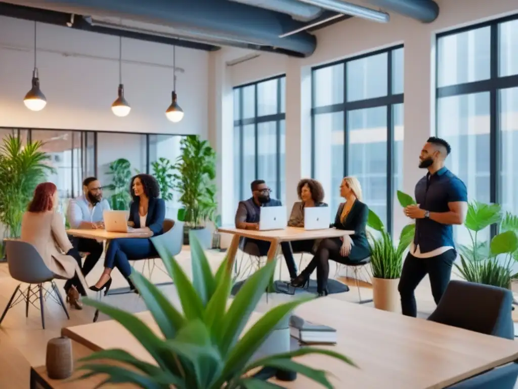 Profesionales colaborando en un espacio de coworking diverso y moderno Un espacio coworking internacional vibrante y diverso, donde profesionales colaboran, crean redes y discuten proyectos