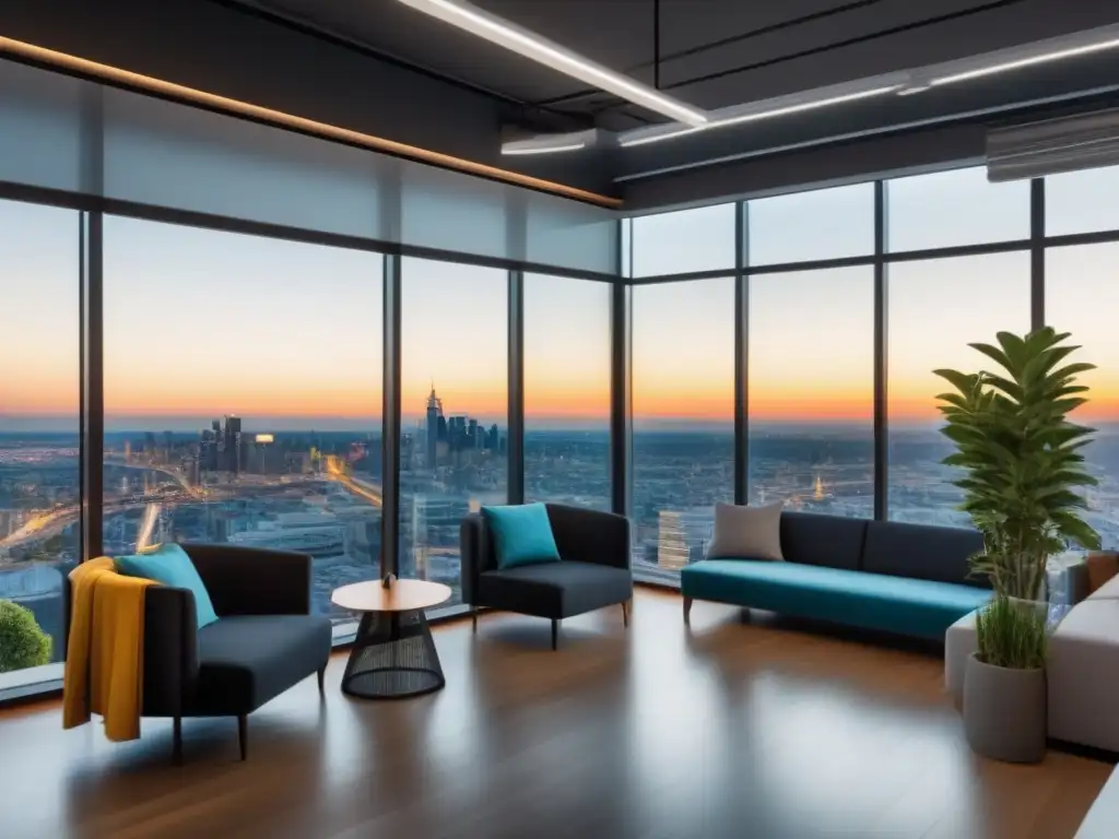 Espacio coworking ultra moderno: innovación y colaboración en la ciudad Un espacio coworking moderno y dinámico con diseño innovador y vistas panorámicas de una ciudad