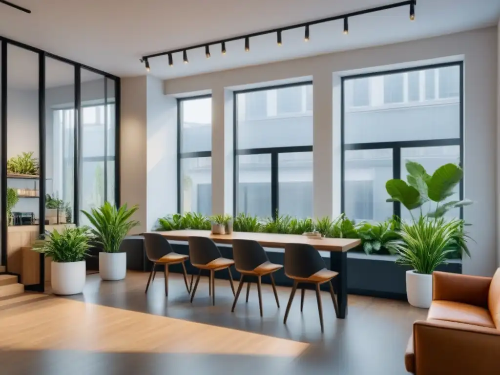 Espacio de coworking moderno y acogedor con servicios adicionales Un espacio de coworking moderno con diseño minimalista y servicios adicionales como bar de café, estación de impresión y acogedora área lounge con plantas verdes y arte contemporáneo en las paredes