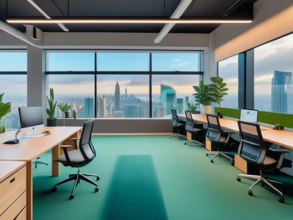 Espacio coworking moderno con vista panorámica en 8k Un espacio de coworking moderno y luminoso con vista a la ciudad