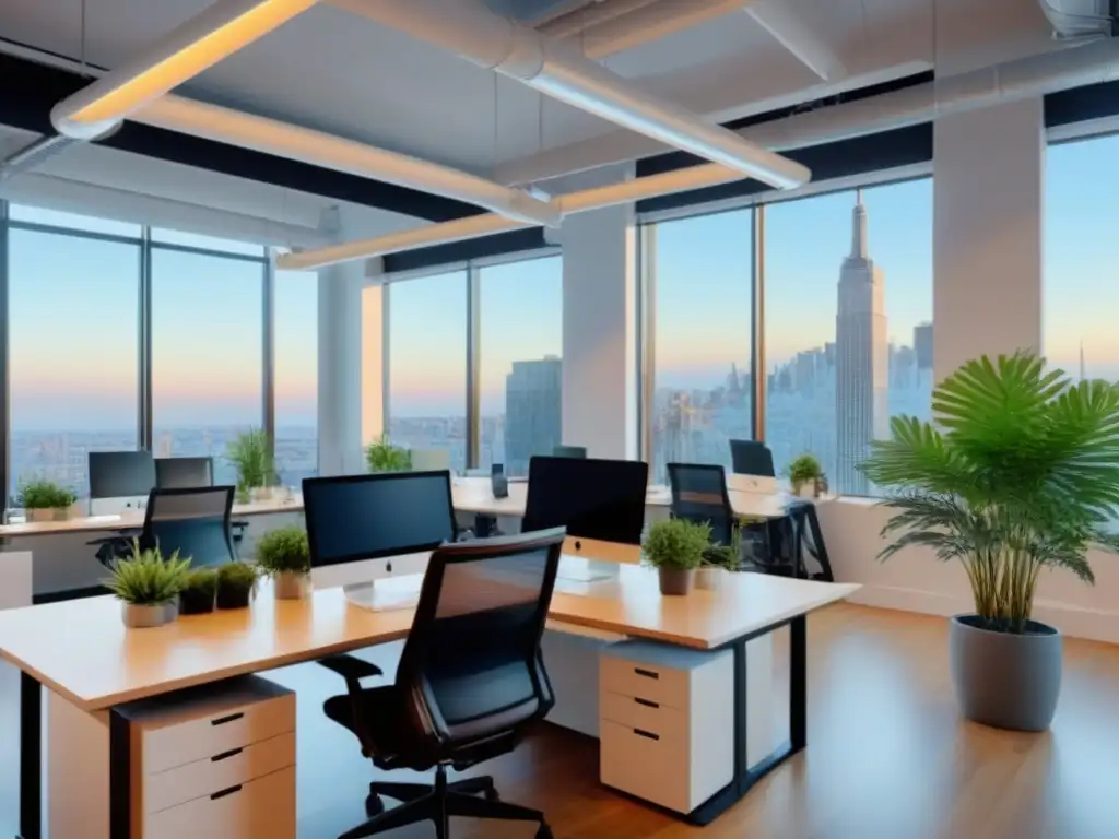 Espacio de coworking moderno y creativo con vistas panorámicas Un espacio de coworking moderno y luminoso con estaciones elegantes, plantas verdes y arte contemporáneo
