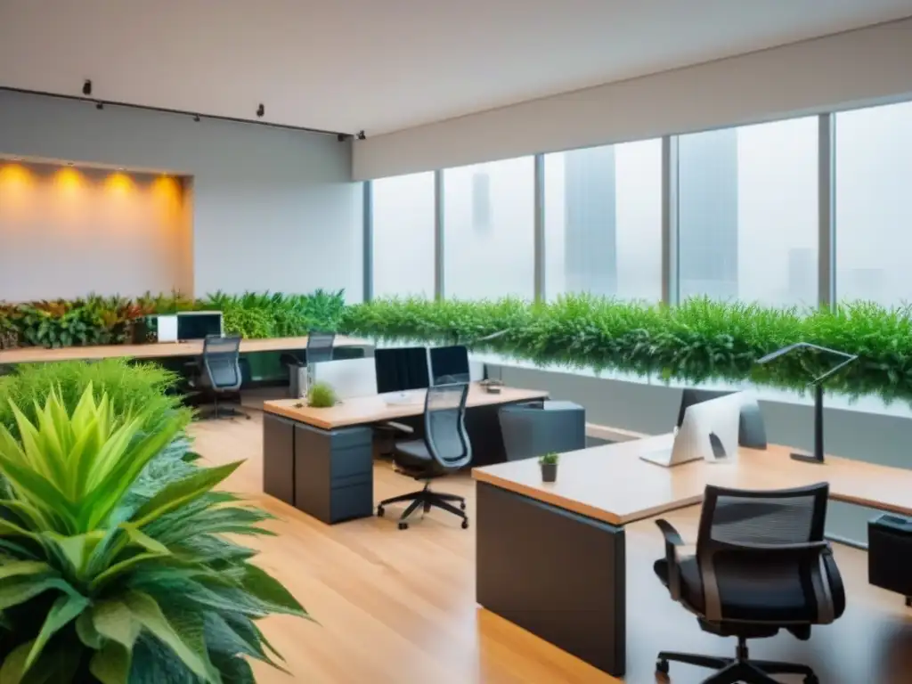 Coworking moderno con profesionales colaborando Espacio coworking moderno con mobiliario minimalista, profesionales colaborando, gadgets tecnológicos y pared de plantas vibrante