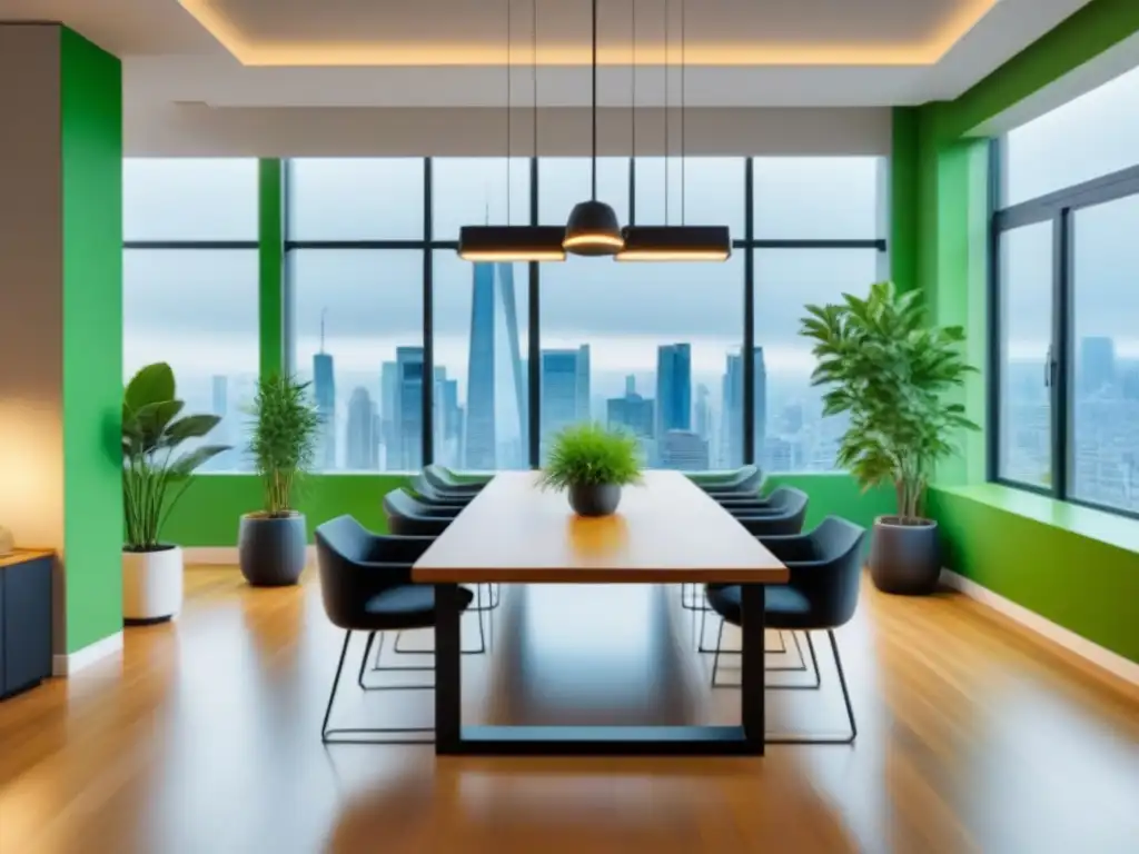 Espacio de coworking moderno: colaboración innovadora en la ciudad Un espacio de coworking moderno con mobiliario minimalista, ventanales amplios con vista a la ciudad, profesionales colaborando en una elegante mesa de reuniones, gadgets de alta tecnología esparcidos y una vibrante pared de plantas verde creando una atmósfera fresca e innovadora