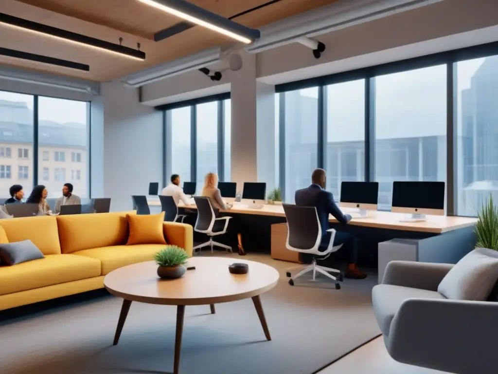 Profesionales colaborando en espacio coworking moderno Un espacio coworking moderno con profesionales colaborando, reflejando un ambiente innovador y vibrante