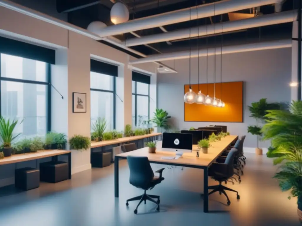 Espacio de coworking moderno para inversores internacionales Un espacio de coworking moderno y sofisticado con profesionales colaborando en un ambiente acogedor y elegante