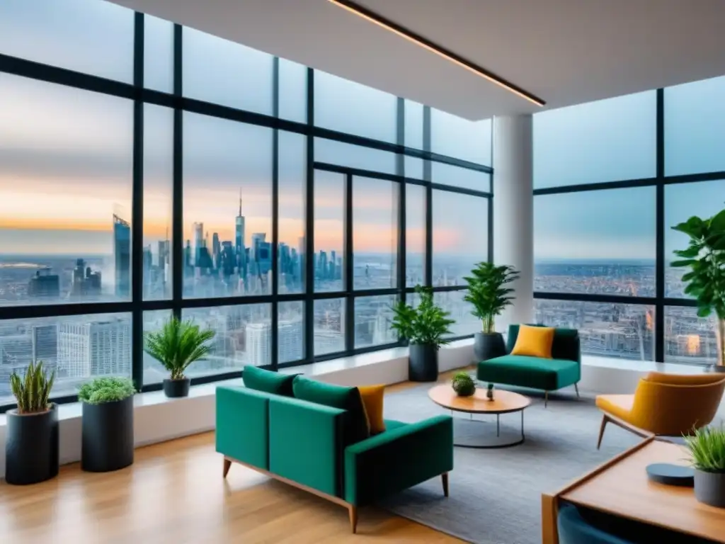 Espacio de coworking moderno con vista a la ciudad Un espacio de coworking moderno con ventanales y vista a la bulliciosa ciudad