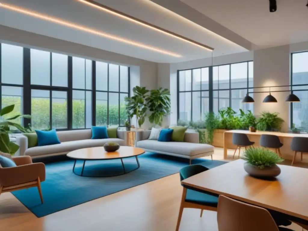 Espacio de coworking moderno y vibrante con servicios adicionales Un espacio coworking moderno y vibrante con servicios adicionales que incluyen cafetería, sala de lectura, sala de conferencias y jardín interior