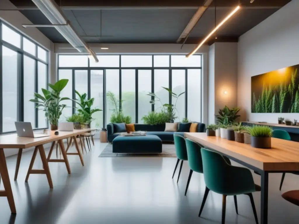 Espacio de coworking moderno: colaboración creativa y productiva Un espacio de coworking moderno y vibrante, con profesionales colaborando en grupos, iluminado por luz natural